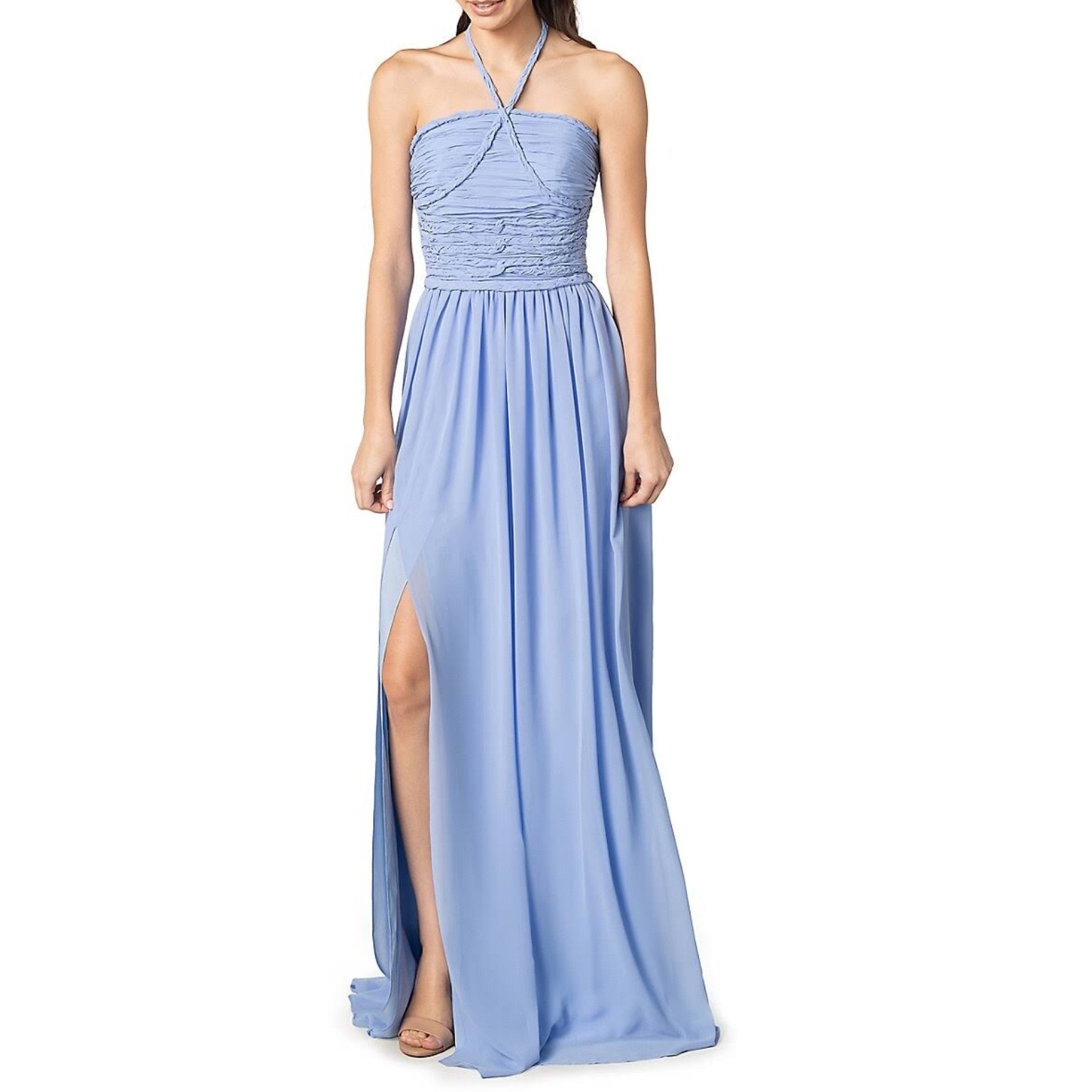 Dress The Population Aura Chiffon Halter Maxi Dress Blue M Nwt